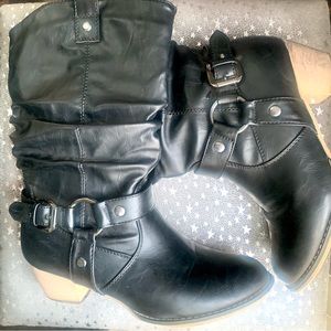 Sz 7 Mid Calf Slouchy Pull On Black Distressed Block Heel Cowboy Boots